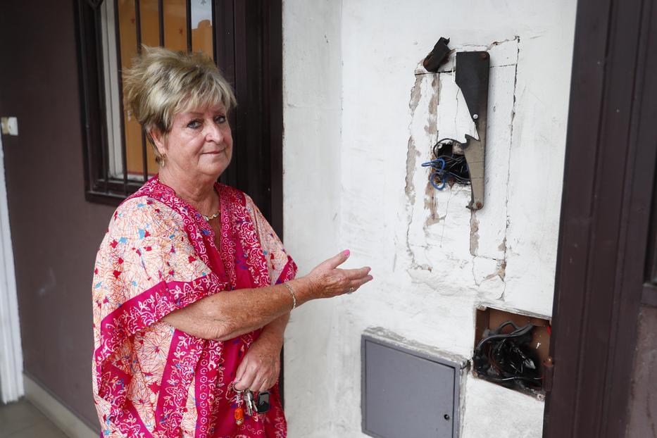 A szomszédasszony mutatja mit tettek lakása ajtajával, amikor panaszkodni mert felső szomszédjaira  Fotó: Fuszek Gábor