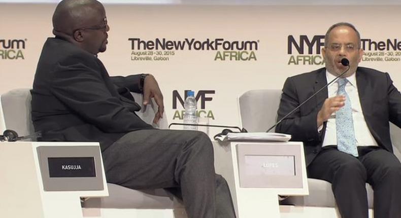 Dr Carlos Lopes explaining a point to Alan Kassuja at the Day 2 of the New York Forum Africain Gabon
