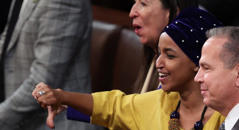 Democratic Rep. Ilhan Omar of Minnesota gives a thumbs-down during a vote to adjourn in the House chamber during the third day of elections for Speaker of the House at the US Capitol Building on January 5, 2023 in Washington, DC.Win McNamee/Getty Images