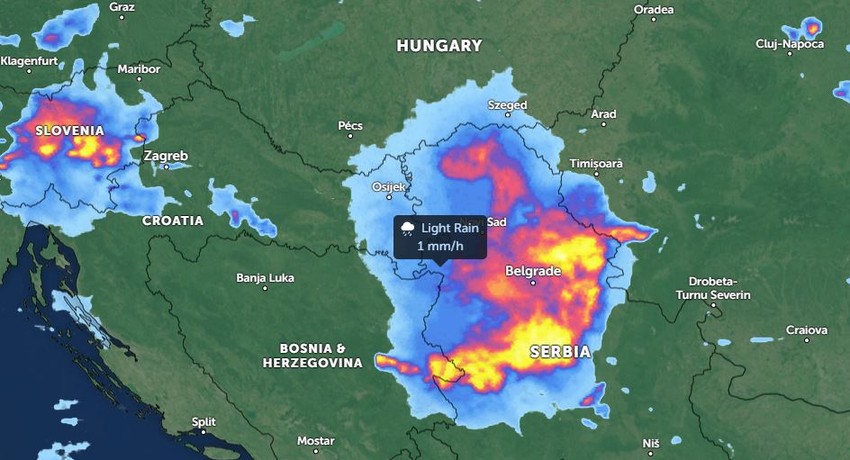 Radarska slika superćelijske oluje iznad Srbije