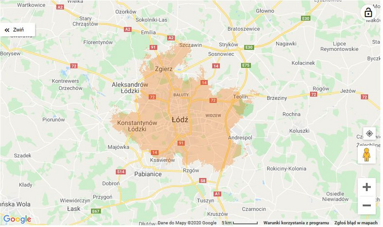 Mapa zasięgu 5G w Orange - Łódź
