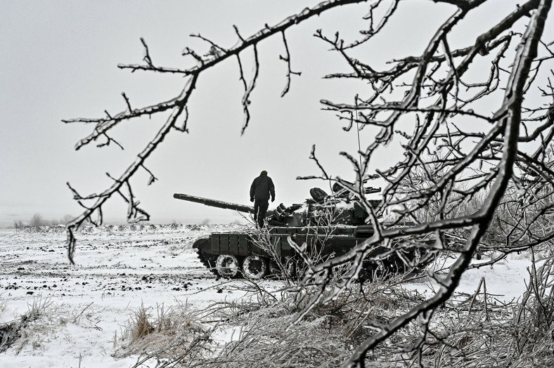 Ukraiński czołg T-72 w Zaporożu, 11 stycznia 2024 r.
