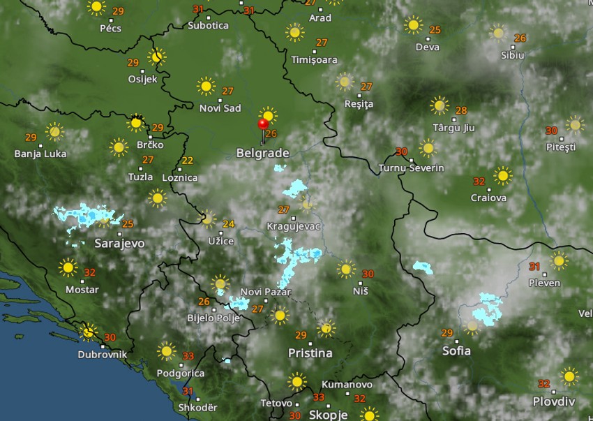 Kretanje padavina u Srbiji u 19 časova