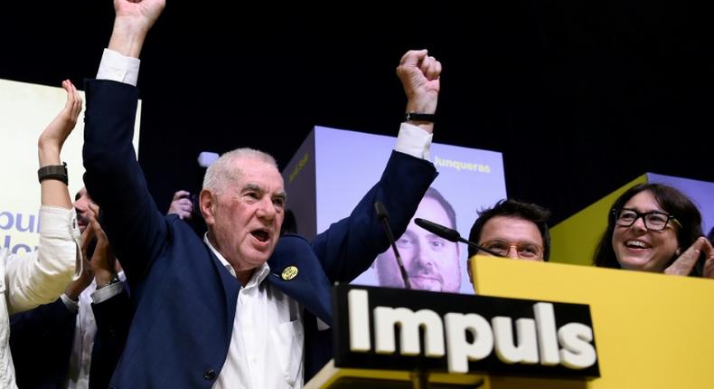 Esquerra Republicana de Catalunya's candidate for Barcelona's mayoralty, Ernest Maragall, celebrates electoral results at the Barcelona Nord bus station in Barcelona on May 26, 2019 after Spain held European, regional and local elections