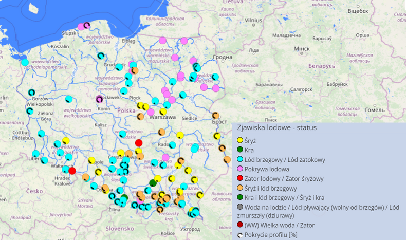 Mapa Polski ze zjawiskami lodowymi na rzekach