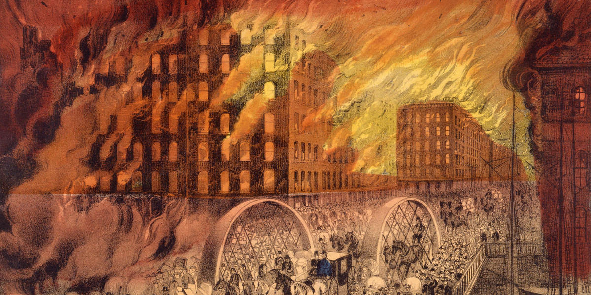 Pożar Chicago na ilustracji z epoki