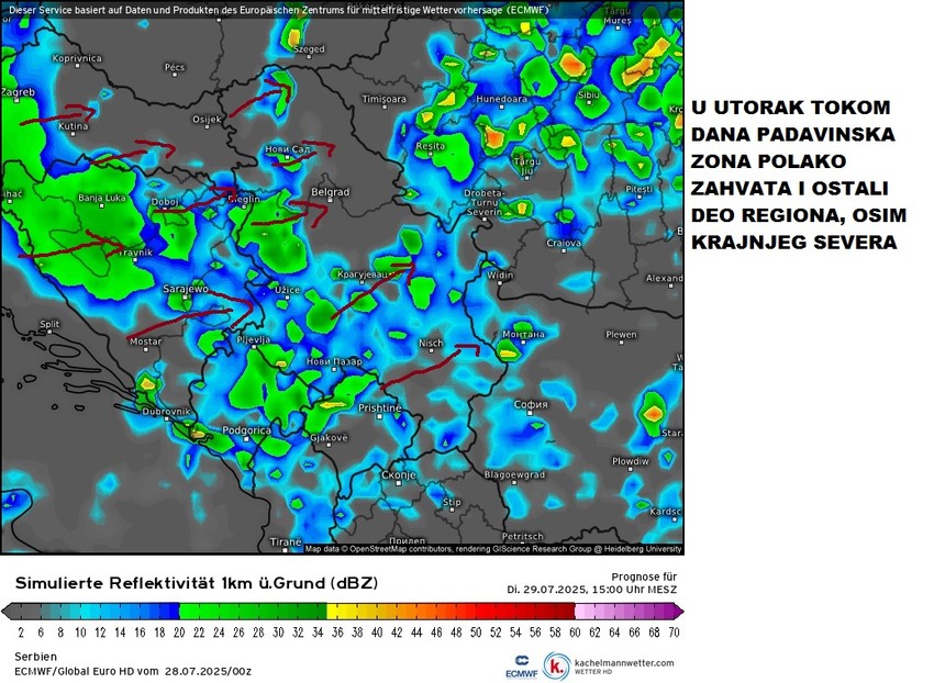 Mapa padavina za utorak