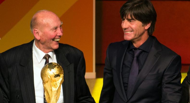 Horst Eckel, a 1954 World Cup winner, with former Germany coach Joachim Loew (R) in 2015 Creator: BERND THISSEN