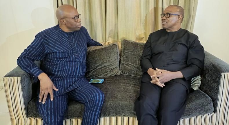 Olusegun Mimiko and Labour Party Presidential candidate, Peter Obi during their Thursday meeting. [Twitter:Segunmimiko]