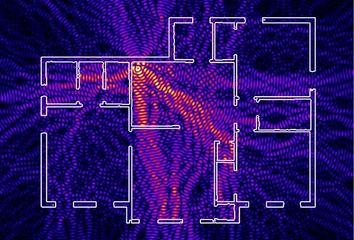 Symulacja rozchodzenia się fal elektromagnetycznych sieci Wi-Fi w m ieszkaniu, wykonana za pomocą aplikacji WiFi Solver FDTD dostępnej w sklepie Google Play.