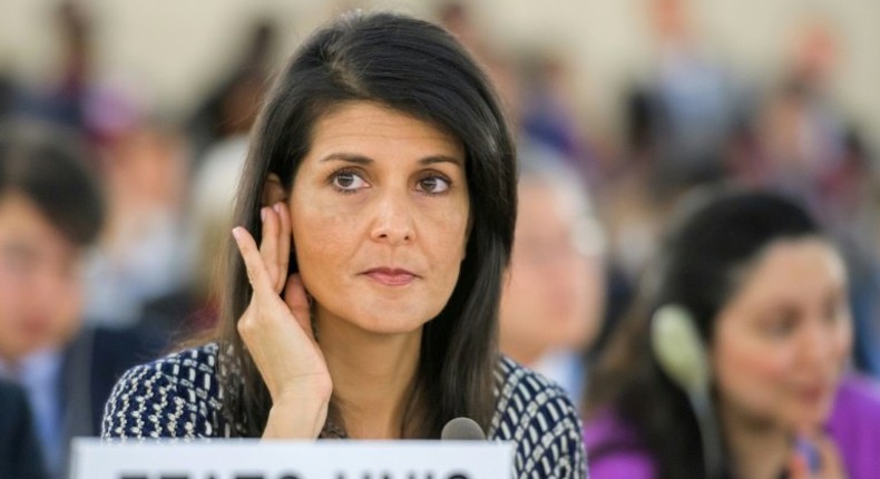 US Ambassador to the United Nations Nikki Haley, seen here at a session in June of the UN Human Rights Council, is criticizing African states for backing a bid by the Democratic Republic of Congo to gain a seat on the Geneva-based body