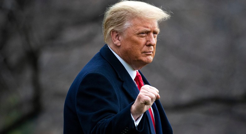 U.S. President Donald Trump pumps his fist as he departs on the South Lawn of the White House, on December 12, 2020.Al Drago/Getty Images