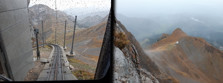 Widok z kolejki, a także tarasu widokowego na szczycie Pilatus Kulm