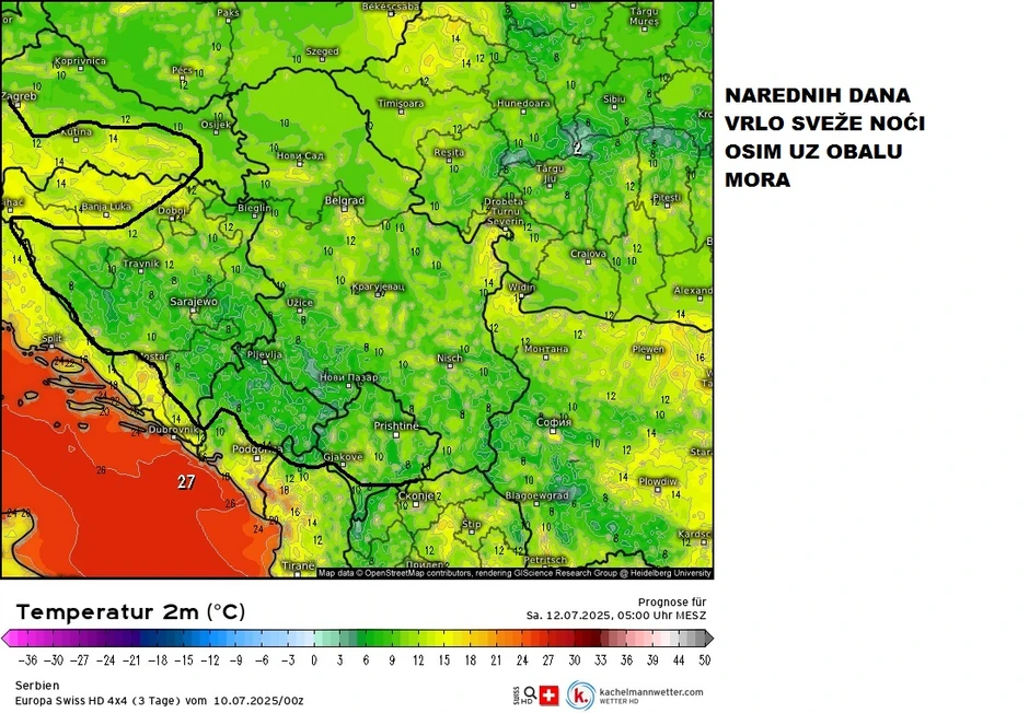 Narednih dana vrlo sveže noći i uz obalu mora