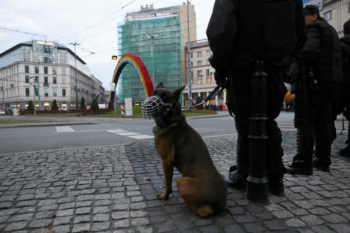 Policjanci z psem pilnują Tęczy na Placu Zbawiciela