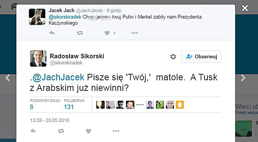 Internauta zelżył go w sieci, Sikorski reaguje