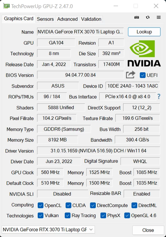 Asus ROG Zephyrus M16 (GU603ZW) – GPU-Z – specyfikacja RTX 3070 Ti Laptop GPU [120W]