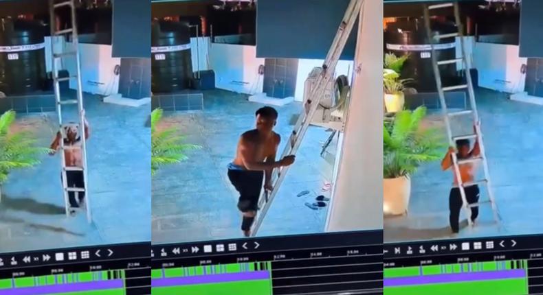 Bare-chested solo robber enters victim's residence in Spintex using ladder