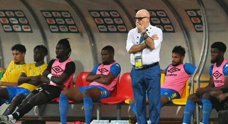Gabon coach Patrice Neveu on the touchline during his side's Cup of Nations last-16 tie against Burkina Faso on Sunday Creator: Issouf SANOGO