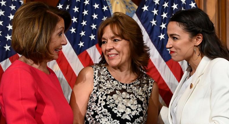 House Speaker Nancy Pelosi and Rep. Alexandria Ocasio-Cortez at the freshman Democrat's swearing-in in January.