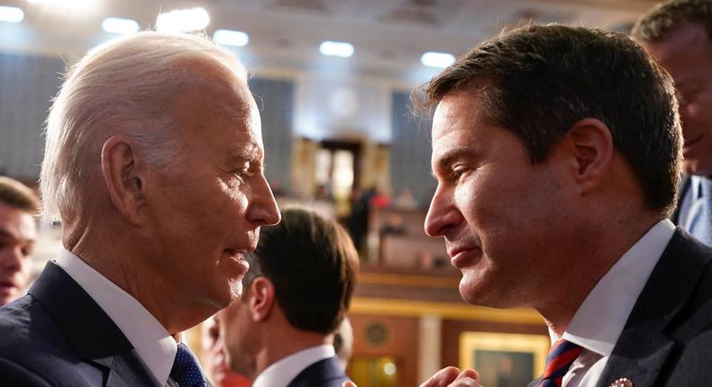 President Joe Biden and Rep. Seth Moulton at the State of the Union in 2023.Jacquelyn Martin/Getty Images