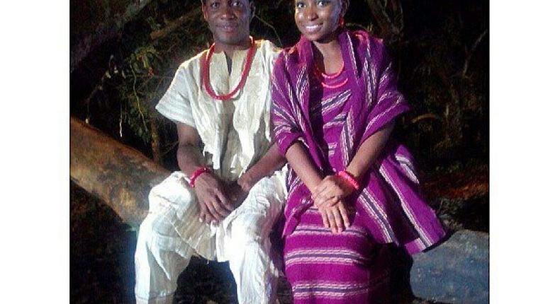 Omowuni Dada and Tope Tedela on set of 'The Wish of Oba Ari' 