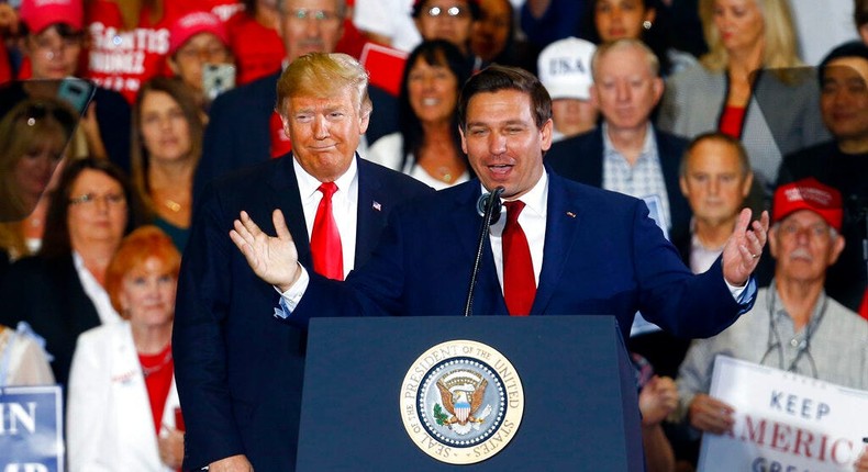 Then-President Donald Trump campaigning with Ron DeSantis at a rally in Pensacola, Florida, on November 3, 2018.