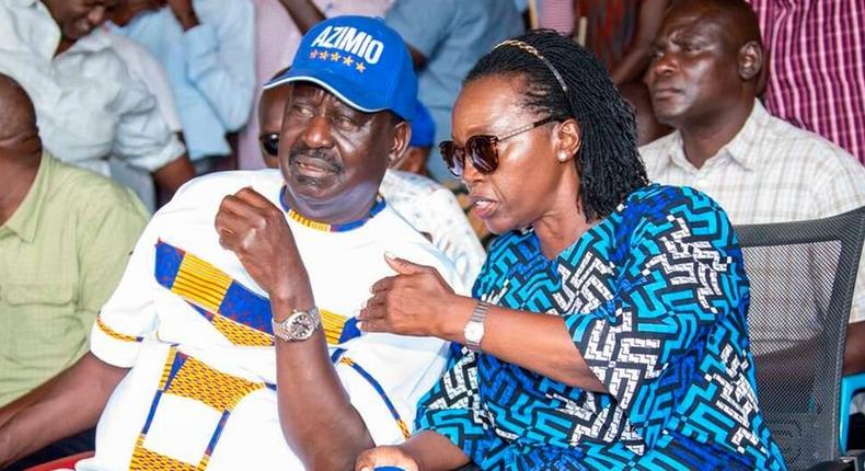 Azimio La Umoja One Kenya presidential candidate Raila Odinga and Narc Kenya leader Martha Karua during a campaign rally in Lodwar, Turkana County on April 03, 2022