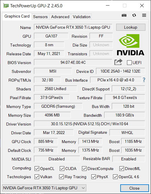 MSI GF63 Thin (11UD) – GPU-Z – specyfikacja RTX 3050 Ti Laptop GPU [40W]