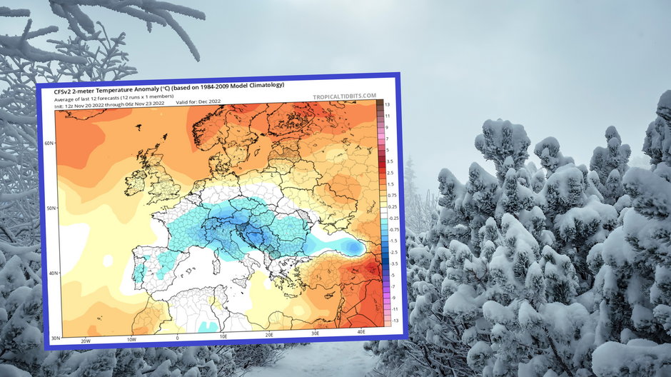 Grudzień może przynosić okresy z niską temperaturą i śniegiem (mapa: tropicaltidbits.com)