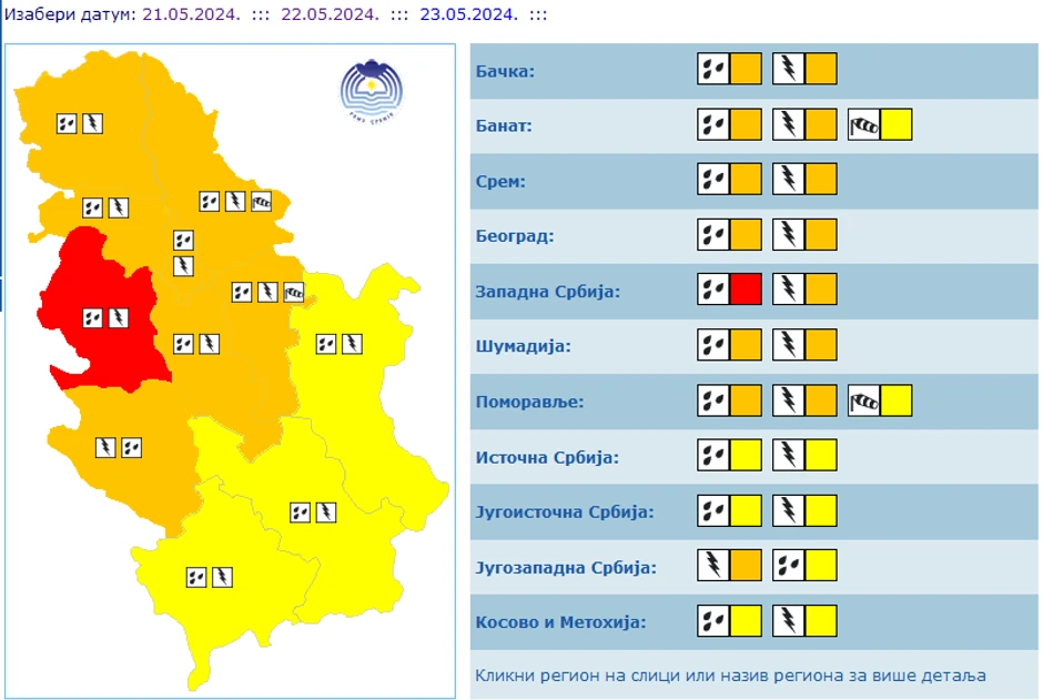Upaljen crveni meteoalarm za područje zapadne Srbije