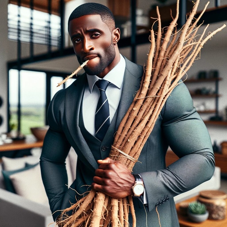 An AI-generated image of a man carrying and chewing Mukombero