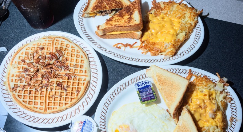 Our order was a fair sampling of the menu: an All-Star Breakfast special, which includes a waffle with pecans, eggs, toast, hash browns, and a protein side, plus a steak melt with more hash browns on the side. Everything arrived lightning-fast, even with our friendly waitress' banter.