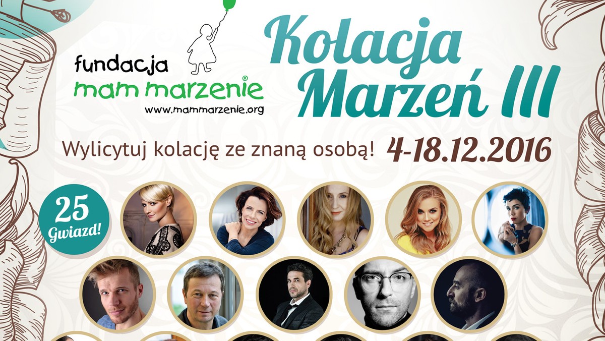 Fundacja Mam Marzenie organizuje w serwisie charytatywni.allegro.pl – trzecią edycję ogólnopolskiej aukcji internetowej "Kolacja Marzeń". Dochód z aukcji zostanie przekazany na realizację marzeń podopiecznych Fundacji.