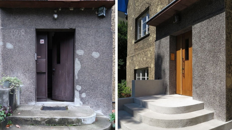Drzwi do budynku przy ul. Olsztyńskiej 28 przed i po pracach konserwatorskich