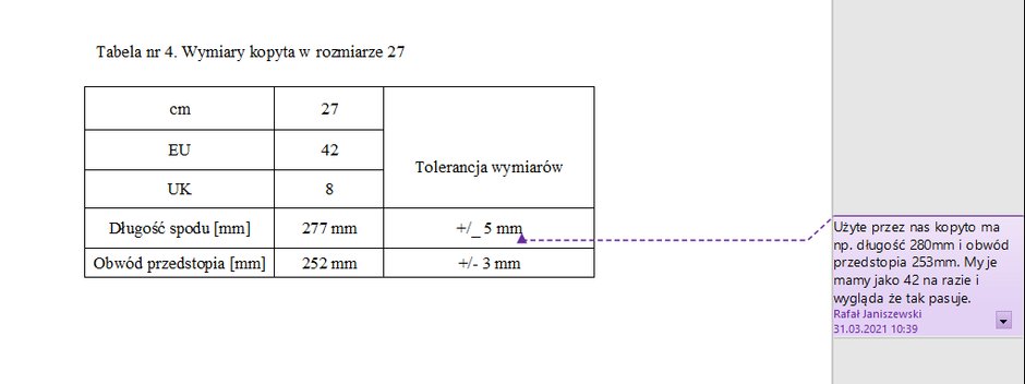 Fragment specyfikacji z komentarzem. Parametry ze specyfikacji zgadzają się z parametrami z komentarza. 