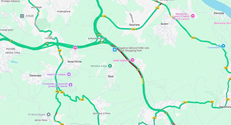 Mapa auto-puta Beograd-Niš kod Bubanj potoka oko 13 časova