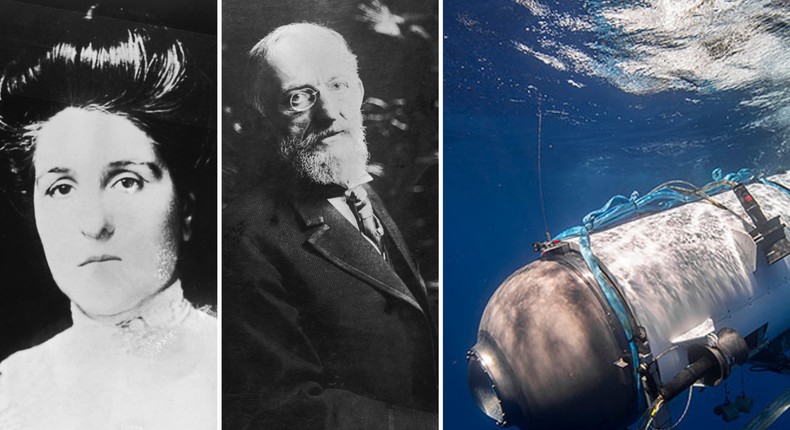 A collage of three photos: Ida Straus, Isidor Straus, and a sideview of the missing Titan submersible.Topical Press Agency/Hulton Archive/Getty Images and OceanGate