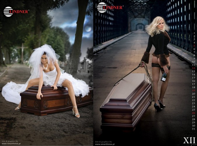 Pólagie dziewczyny i trumny.  Właśnie w ten sposób swoje usługi reklamuje jeden z producentów trumien. Czy ta reklama jest kontrowersyjna? Producent twierdzi, że nie.