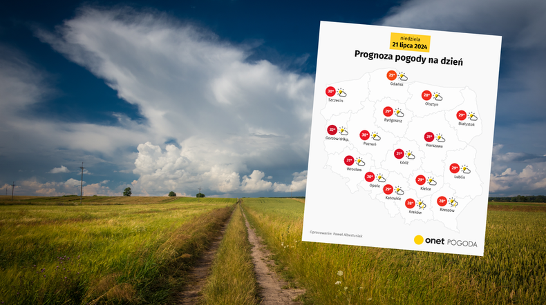 Zapowiada się upalna niedziela, ale zaczną wracać burze (mapa: Onet Pogoda)