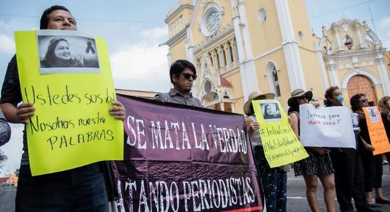 Journalists protest the murder of their colleague Maria Helena Ferral in Xalapa, Veracruz state, on April 1, 2020 -- a total of four journalists have been murdered in the country since the start of 2020