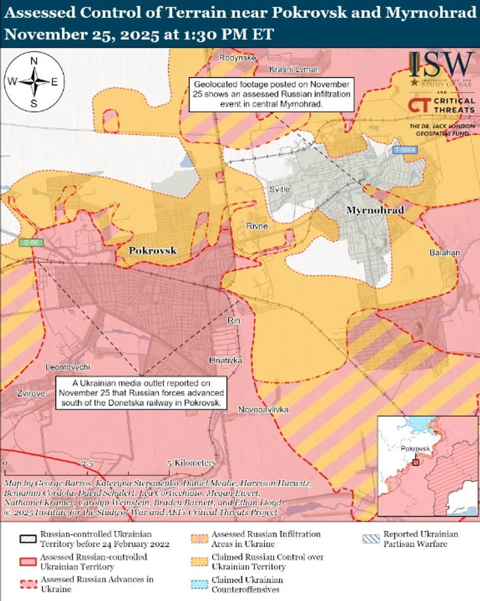 Pokrovsk i Mirnograd na mapi ISW