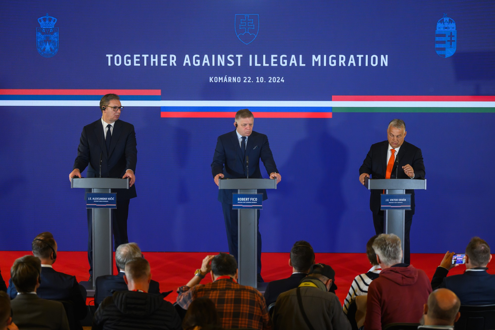 Prezident Srbska Aleksandar Vučič, predseda vlády SR Robert Fico a predseda vlády Maďarska Viktor Orbán.