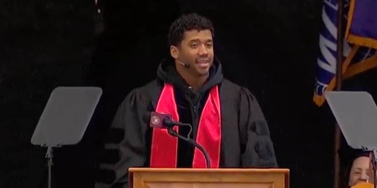 Russell Wilson gave the commencement speech at the University of Wisconsin on Saturday.