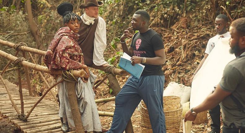 Indima Okojie taking instructions from Ifan Michaels on the set of 'Foreigner's God'