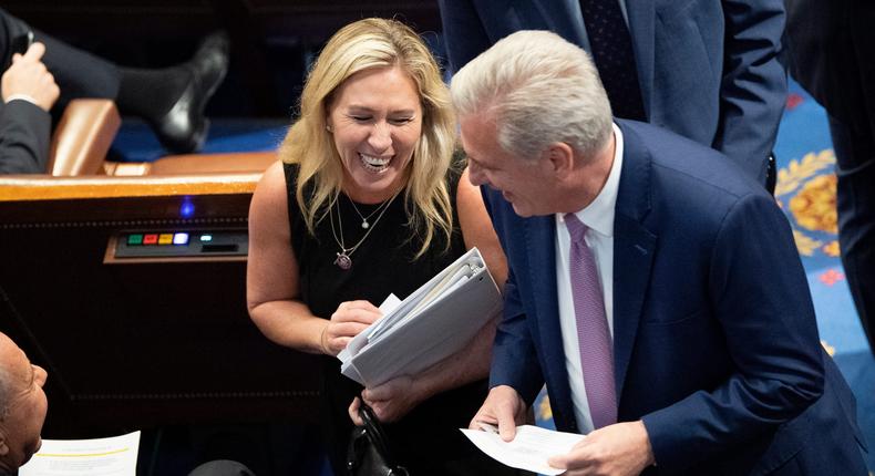 Rep. Marjorie Taylor Greene, R-Ga., left, speaks with House Minority Leader Kevin McCarthy, R-Calif., on Wednesday, June 30, 2021.Caroline Brehman/CQ-Roll Call, Inc via Getty Images