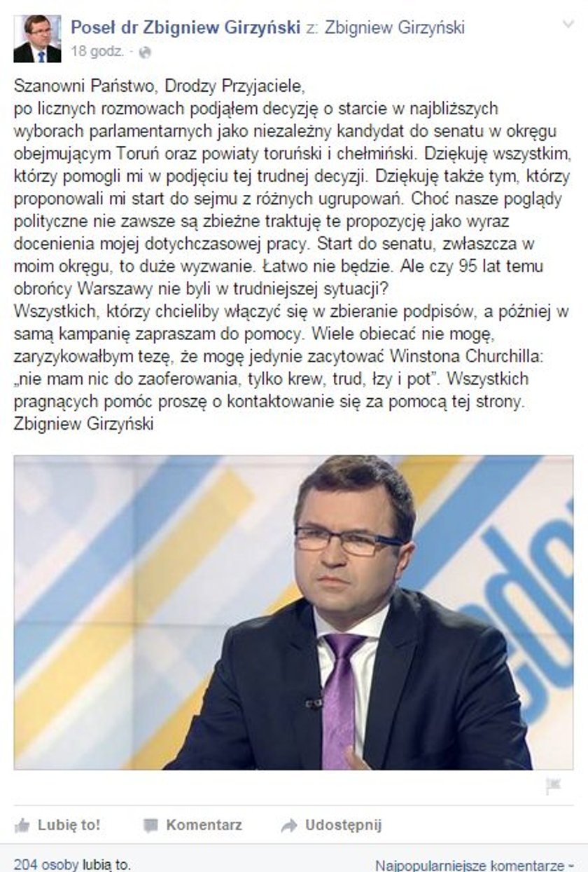 Zbigniew Girzyński wraca do gry