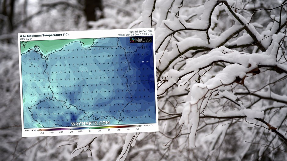 Weekend będzie bardzo zimny, ale śnieżyce zaczną w końcu odpuszczać (mapa: wxcharts.com)