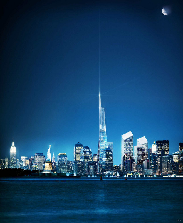 Wizualizacja nowego kompleksu World Trade Center wraz z najwyższym budynkiem w Nowym Jorku - Wieżą Wolności