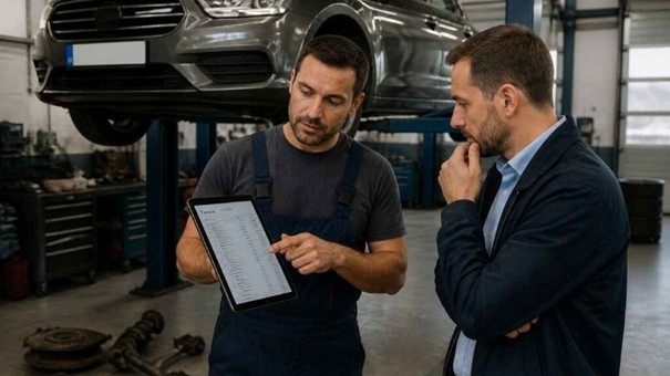 Mechanik v servise ukazuje zákazníkovi tablet s dlhou faktúrou – na pozadí auto zdvihnuté na rampe a na podlahe niekoľko zdanlivo opotrebovaných dielov. 